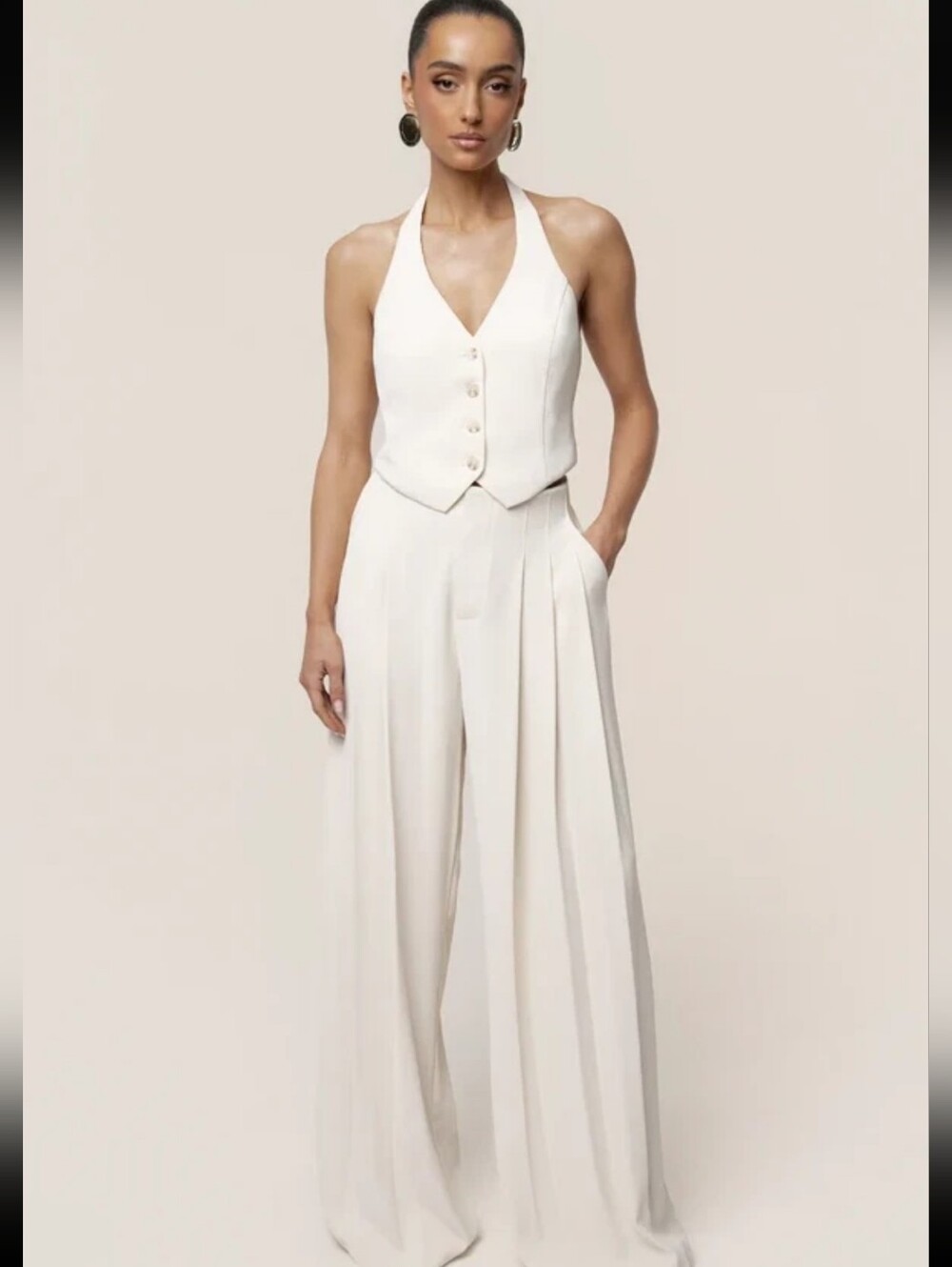 Jluxlabel Ivory Halter Button-Front Vest & Wide-Leg Pants Set-aritzia-zara
